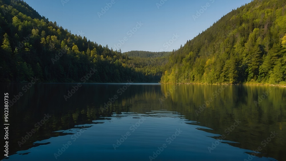 The tranquil beauty of the lake highlighted by the warm colors of a fall dusk The tranquil beauty of the lake highlighted by the warm colors of a fall dusk