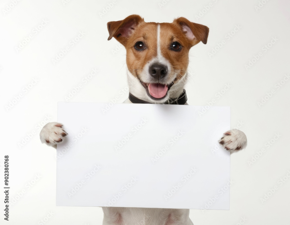 A cute jack russell terrier holding up a blank white sign with both paws, smiling, against a white background A cute jack russell terrier holding up a blank white sign with both paws, smiling, against a white background