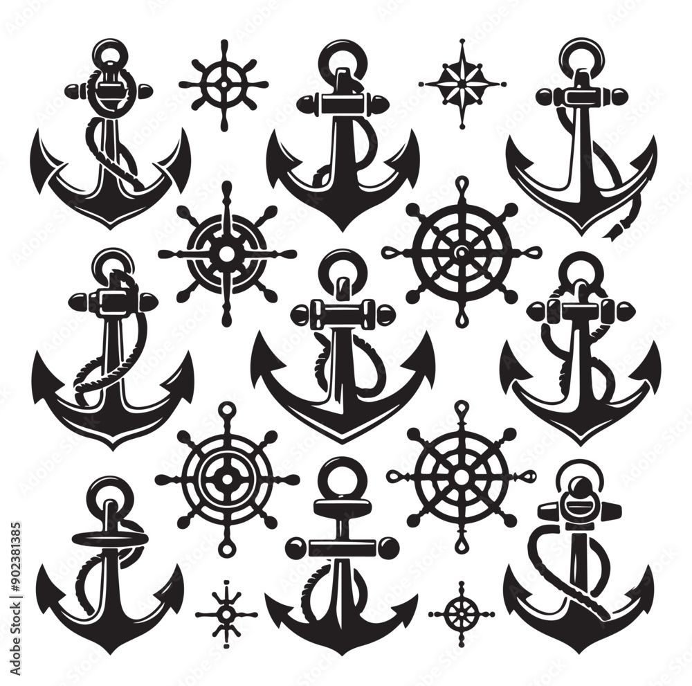 Fototapeta premium Set of Nautical Anchor Silhouettes in Black Vector Icon Style 