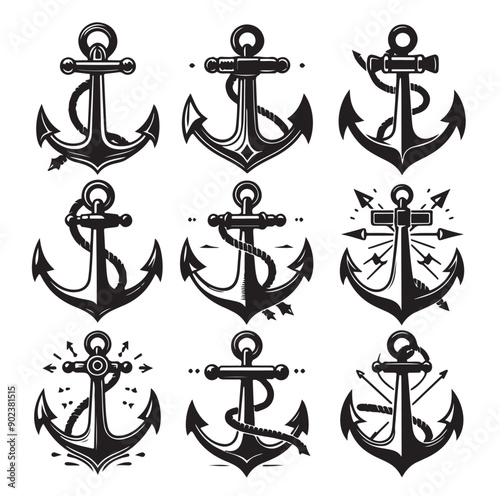 Set of Nautical Anchor Silhouettes in Black Vector Icon Style
