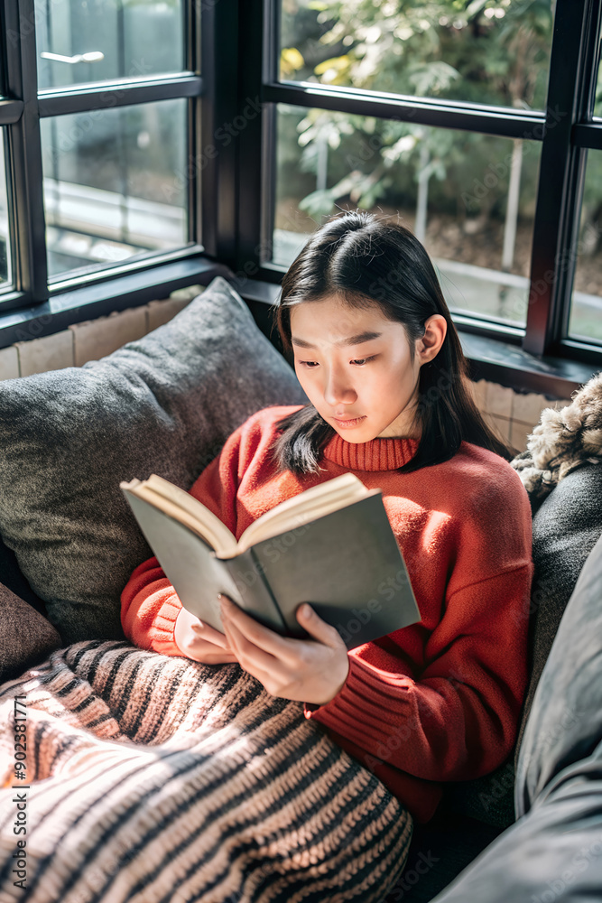 Asian teenager curled up with a book in a cozy corner, lost in the pages of a captivating story