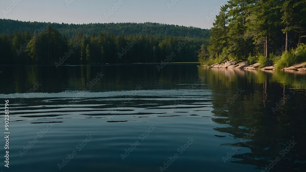 Naklejka premium A picturesque lake view with reflections of a serene winter dawn