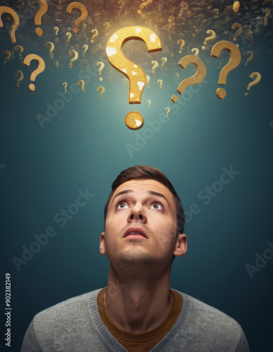 Young man looking up with puzzled expression surrounded by floating question marks, symbolizing confusion and curiosity