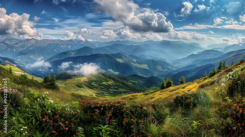 Fototapeta premium Panorama of a wide mountain range with many img