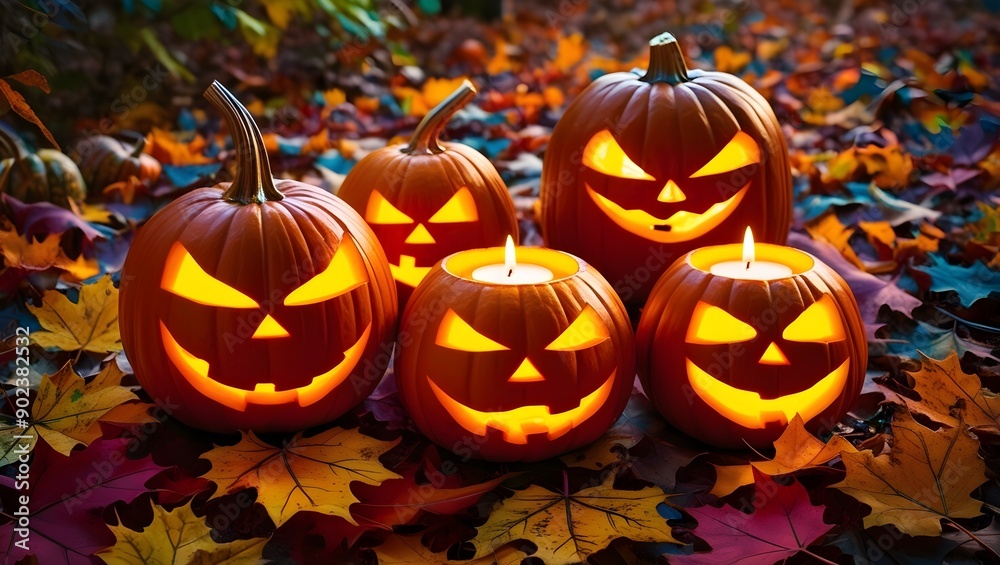 Fototapeta premium Glowing Jack-o'-Lanterns Amidst Autumn Leaves
