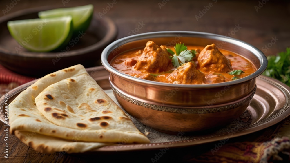 Create a detailed image of Butter Chicken served in a traditional Indian copper bowl, with a side of naan bread and basmati rice. The chicken should be covered in a creamy, tomato-based sauce, garnish Create a detailed image of Butter Chicken served in a traditional Indian copper bowl, with a side of naan bread and basmati rice. The chicken should be covered in a creamy, tomato-based sauce, garnish