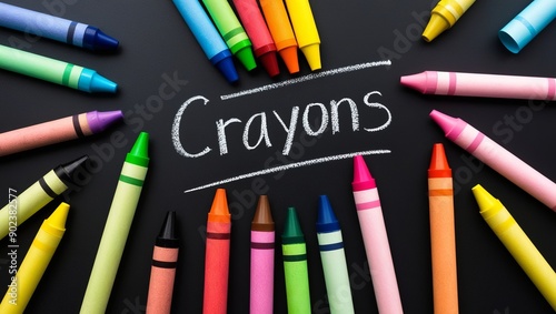 Colorful crayons are scattered across the blackboard. photo