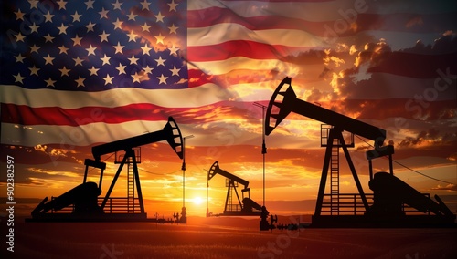 oil pumps against the background of the usa flag photo