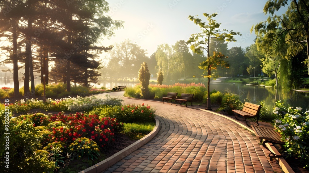 Fototapeta premium The park has a winding brick path