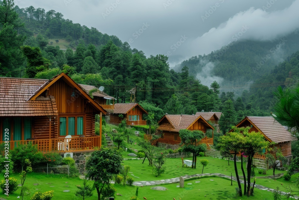 Wooden Cabins Nestled in a Misty Mountain Valley Wooden Cabins Nestled in a Misty Mountain Valley