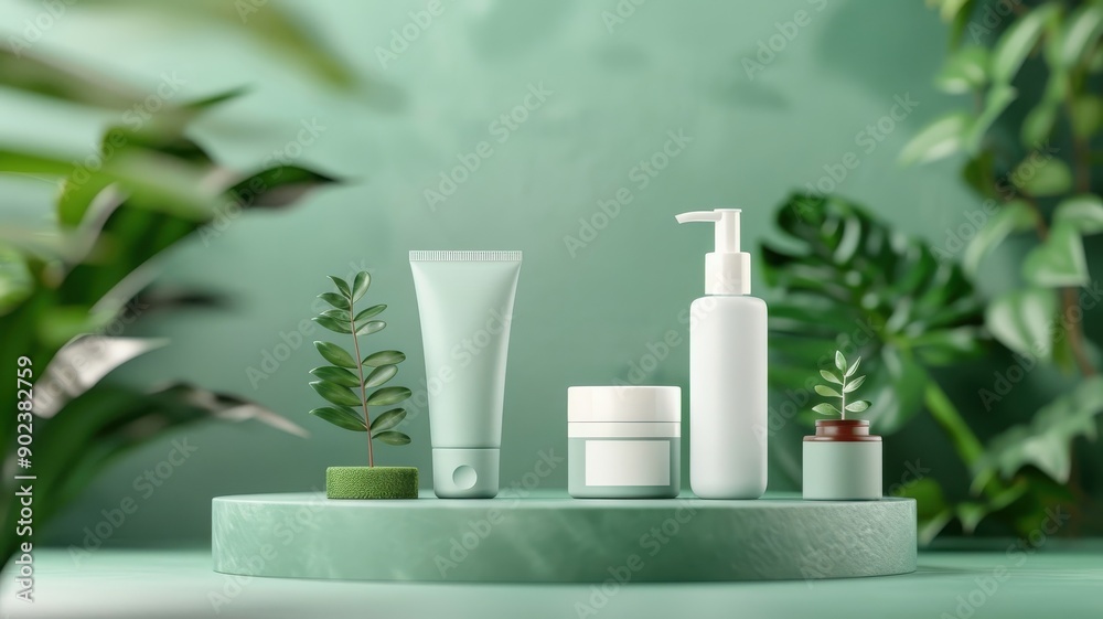 A 3D photorealistic green podium with a leaf pattern displays organic cosmetics in a forest. A 3D photorealistic green podium with a leaf pattern displays organic cosmetics in a forest.
