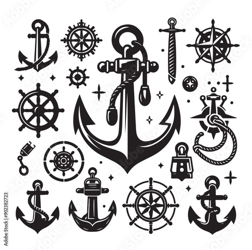 Set of Nautical Anchor Silhouettes in Black Vector Icon Style
