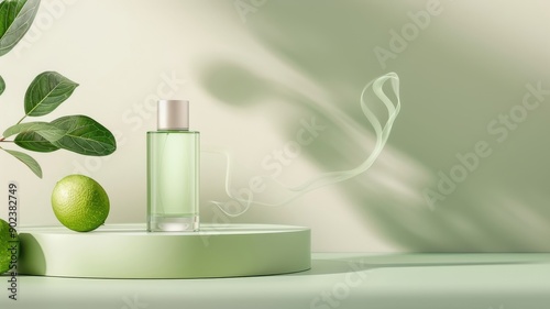 Wallpaper Mural A minimalist lime green podium showcases a perfume bottle against a backdrop of swirling smoke. Torontodigital.ca