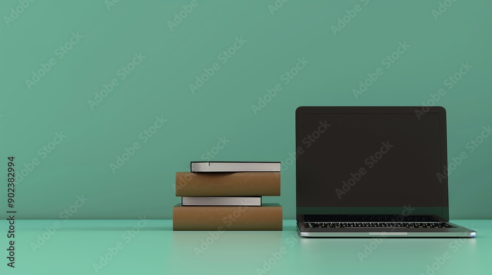 A modern minimalistic workspace showcasing a laptop alongside neatly stacked books for an inspiring learning environment