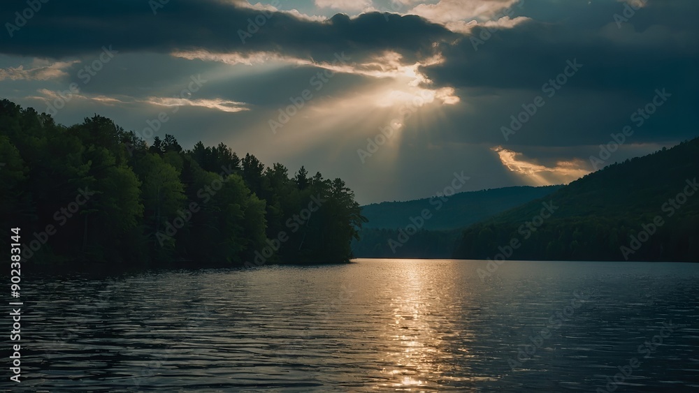 The lake’s tranquil beauty highlighted by the vibrant hues of a spring evening The lake’s tranquil beauty highlighted by the vibrant hues of a spring evening