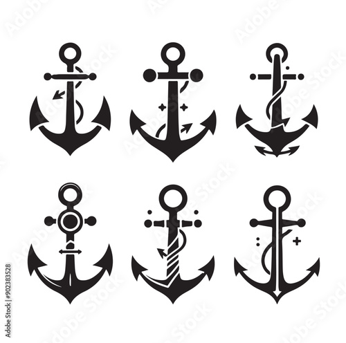 Set of Nautical Anchor Silhouettes in Black Vector Icon Style
