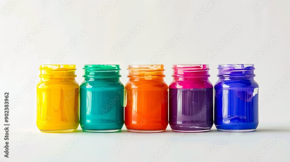 A row of colorful jars filled with different colored liquids A row of colorful jars filled with different colored liquids