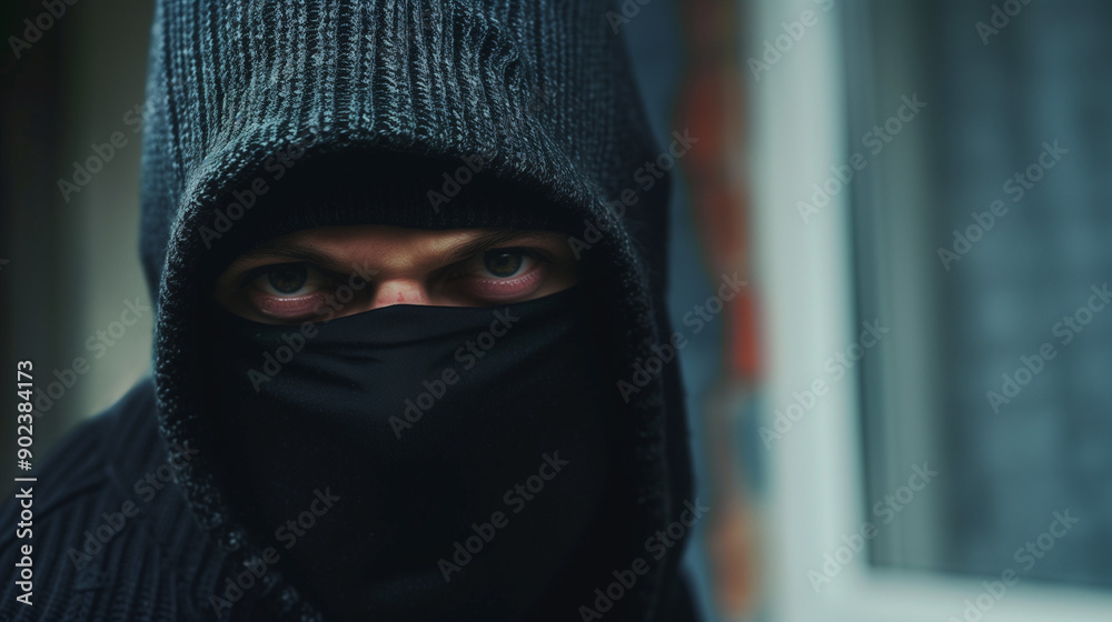 Thief wearing mask looking angry at camera Thief wearing mask looking angry at camera
