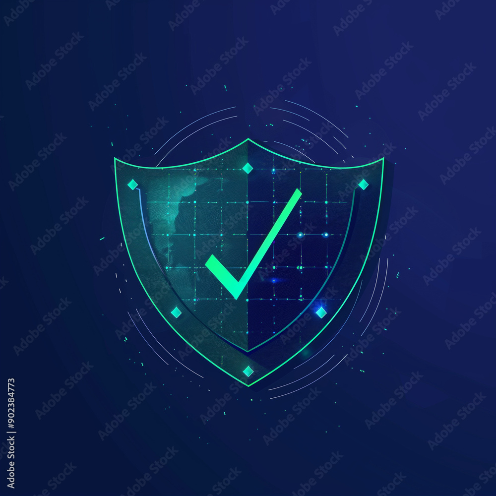 The icon of the green shield is located in front, with an outline and white check mark inside it on a blue background The icon of the green shield is located in front, with an outline and white check mark inside it on a blue background
