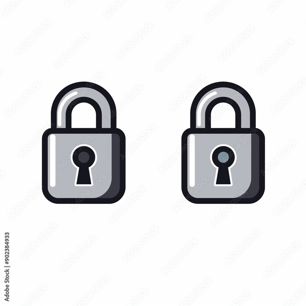 Two gray lock icons, one open and the other closed on a white background Two gray lock icons, one open and the other closed on a white background