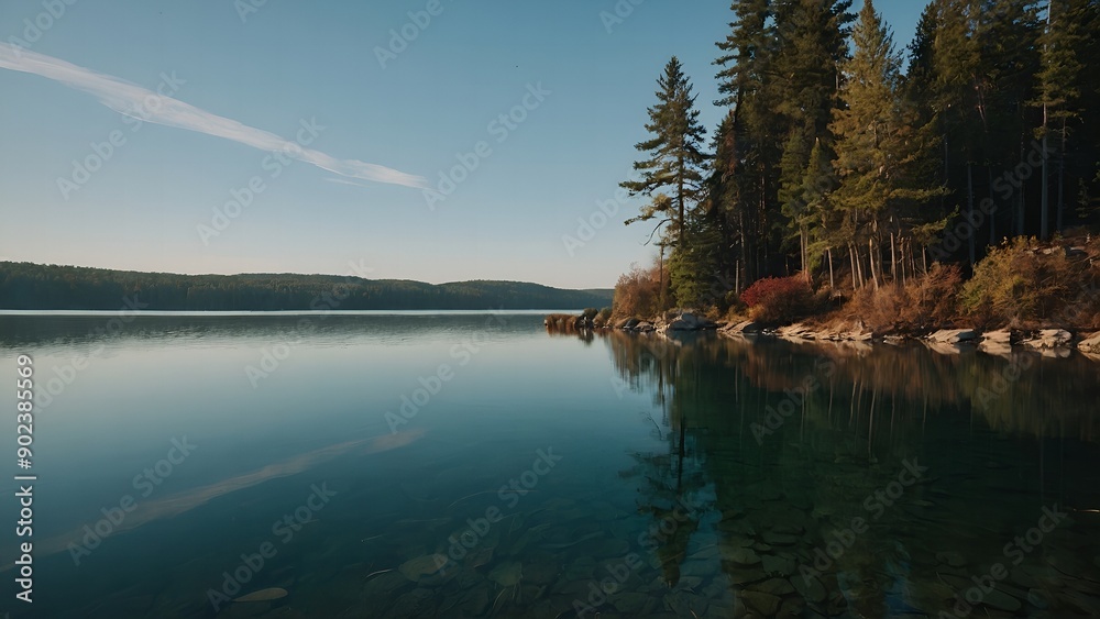 A picturesque lake view with reflections of a serene fall morning A picturesque lake view with reflections of a serene fall morning