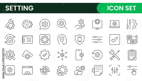 Settings, icon set. Containing options, configuration, preferences, adjustments, operation, gear, control panel, equalizer, management, optimization and productivity icons.