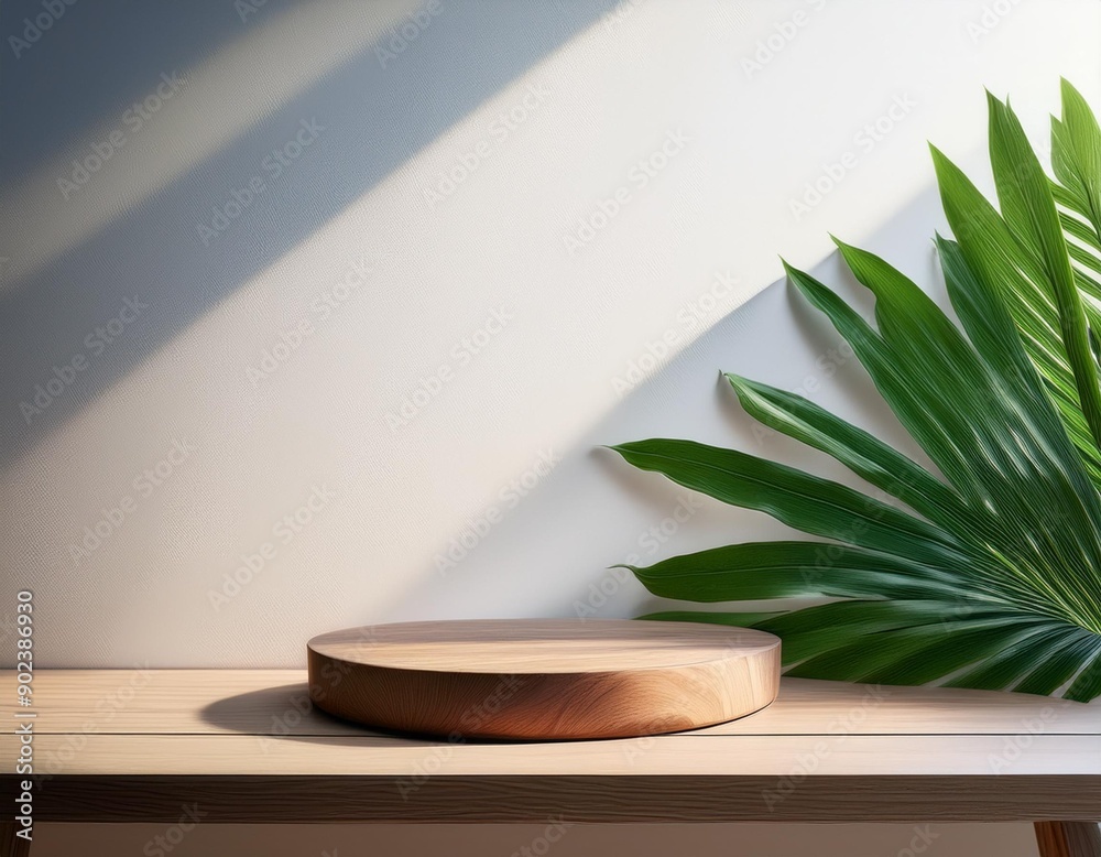 Green Elegance: Tropical Leaves on Wooden Table