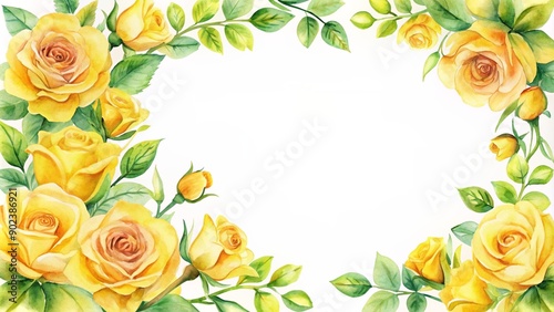Fototapeta Naklejka Na Ścianę i Meble -  Watercolor frame with symmetrical yellow rose flowers in the corner border, delicate, rose, frame, hand-drawn, border, artwork, elegant, vibrant,yellow, painting, decoration, symmetrical