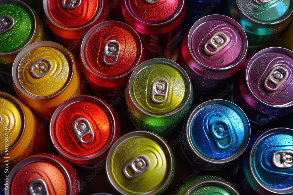 Multicolor soda cans arranged in an intricate pattern, captured from the top, showcasing their vibrant colors and metallic shine. Multicolor soda cans arranged in an intricate pattern, captured from the top, showcasing their vibrant colors and metallic shine.