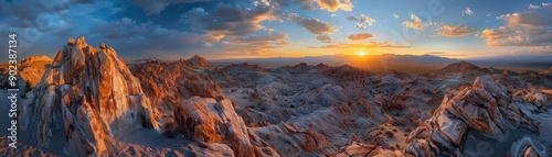 Panoramic Desert Sunset with Rocky Landscape and Dramatic Sky