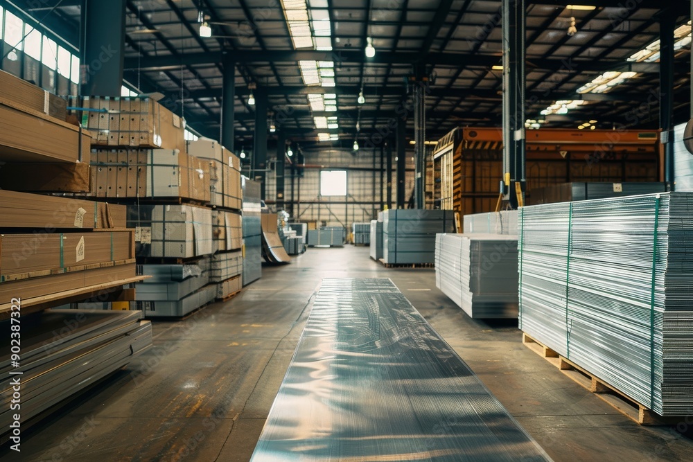 Industrial Warehouse Interior with Stacks of Metal and Wood Sheets