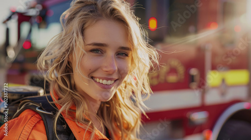 A beautiful blonde female firefighter smiles in front of her fire truck, with the sun shining on it