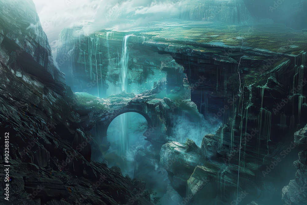 Mysterious chasm with waterfalls and floating rocks