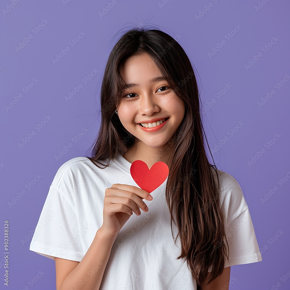 Indian happy woman holding a red heart pillow isolated on grey studio background.
Indian happy woman holding a red heart pillow isolated on grey studio background.