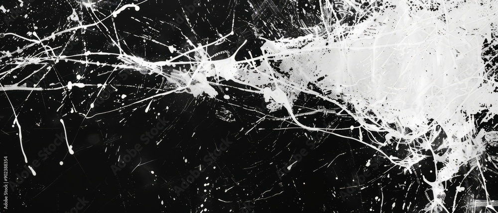 Obraz premium Panoramic close-up, high detail scan of decayed grunge abstract overlay texture, on black background, Generative AI