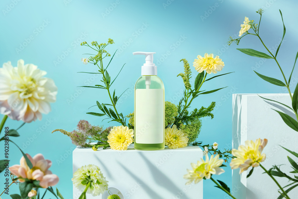 cosmetic products on a blue background with daisies and lemons
cosmetic products on a blue background with daisies and lemons
