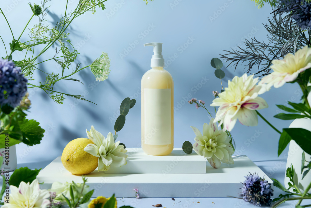 cosmetic products on a blue background with daisies and lemons
cosmetic products on a blue background with daisies and lemons