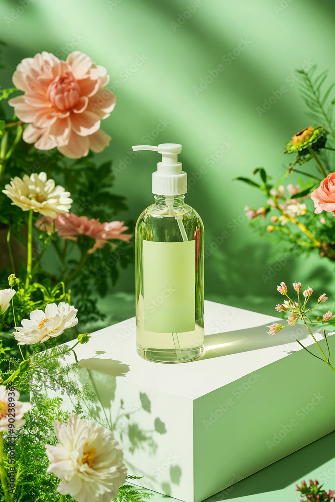 cosmetic products on a green background with daisies and lemons
cosmetic products on a green background with daisies and lemons