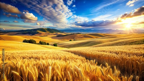 golden wheat fields with rolling hills, clear blue sky.