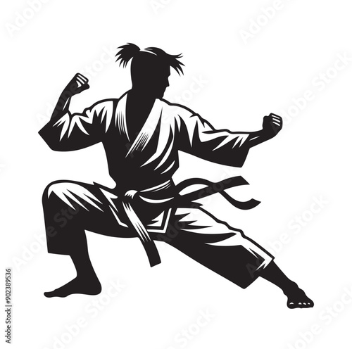 Silhouette of Three Martial Artists in Fighting Stance and Uniform
