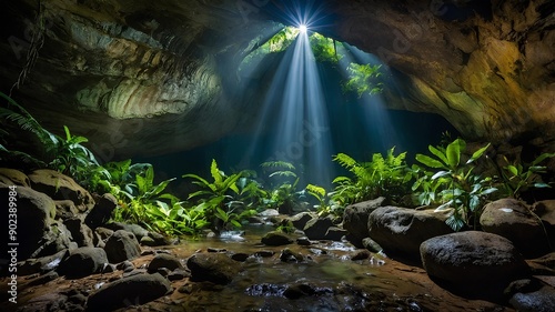 Rainforest Cave Explorations. Explorers with headlamps illuminating ancient rock formations, underground rivers, and hidden wildlife. Discover the wonders of rainforest caves. photo