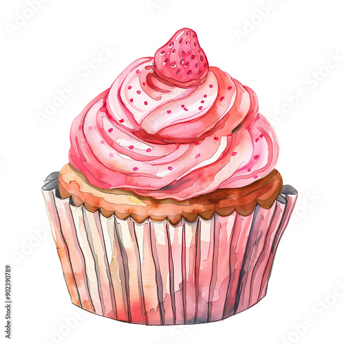 A delightful cupcake features a moist base topped with swirls of pink frosting and a single strawberry on top, creating a tempting treat for any dessert lover