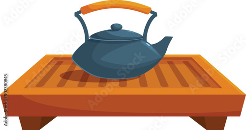 Black cast iron teapot with brown handle standing on wooden tray, traditional asian tea ceremony attribute