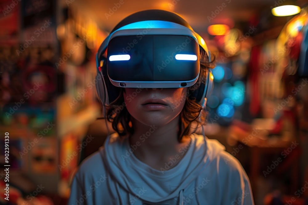 teenager in virtual reality, play game in VR headset, artificial intelligence, future technology concept. teenager in virtual reality, play game in VR headset, artificial intelligence, future technology concept.