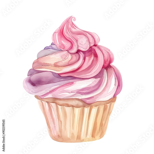 A beautifully decorated cupcake features a swirl of pink and purple icing, resting in a paper liner, showcasing vibrant colors and an appealing design