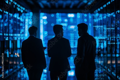 Silhouettes of Three Men Against a Wall of Blue Lights
