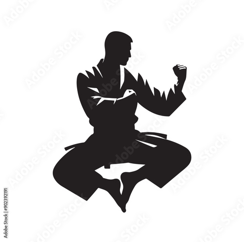 Silhouette of Three Martial Artists in Fighting Stance and Uniform
