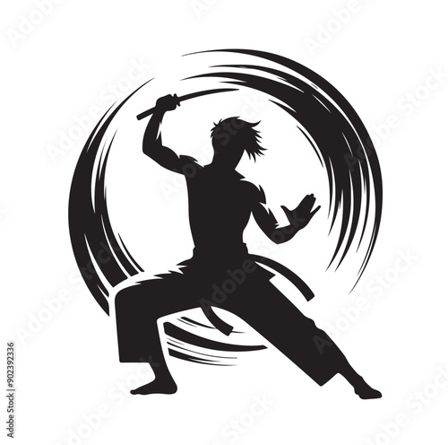 Silhouette of Three Martial Artists in Fighting Stance and Uniform
