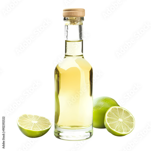 A bottle of freshly squeezed lime juice stands beside halved limes, showcasing the vibrant green fruit and its refreshing liquid