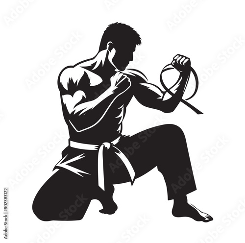 Silhouette of Three Martial Artists in Fighting Stance and Uniform
